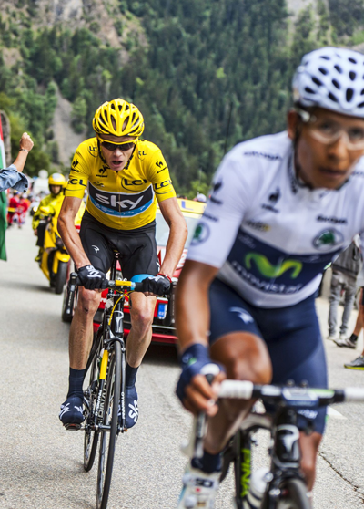 Nairo Quintana leads Chris Froome on teh slopes of the 2013 Tour